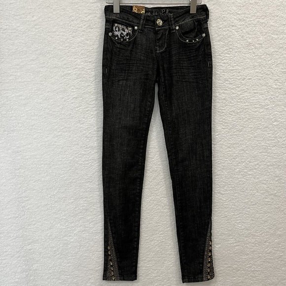 Grace in LA Women's Y2K Stunned Rhinestone Skinny Jeans Size 0/23 Black NWT - Picture 4 of 12